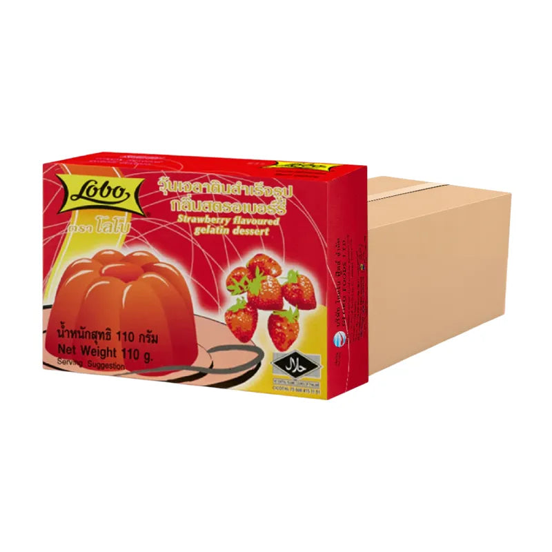 Lobo strawberry gelatin jelly in a ready-made box, perfect for dry grocery storage and dessert preparation.