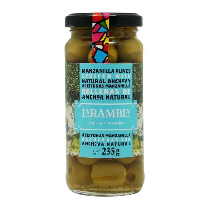 La Rambla Manzanilla stuffed anchovies in a jar, dried grocery product with fish fillets filled with flavorful stuffing