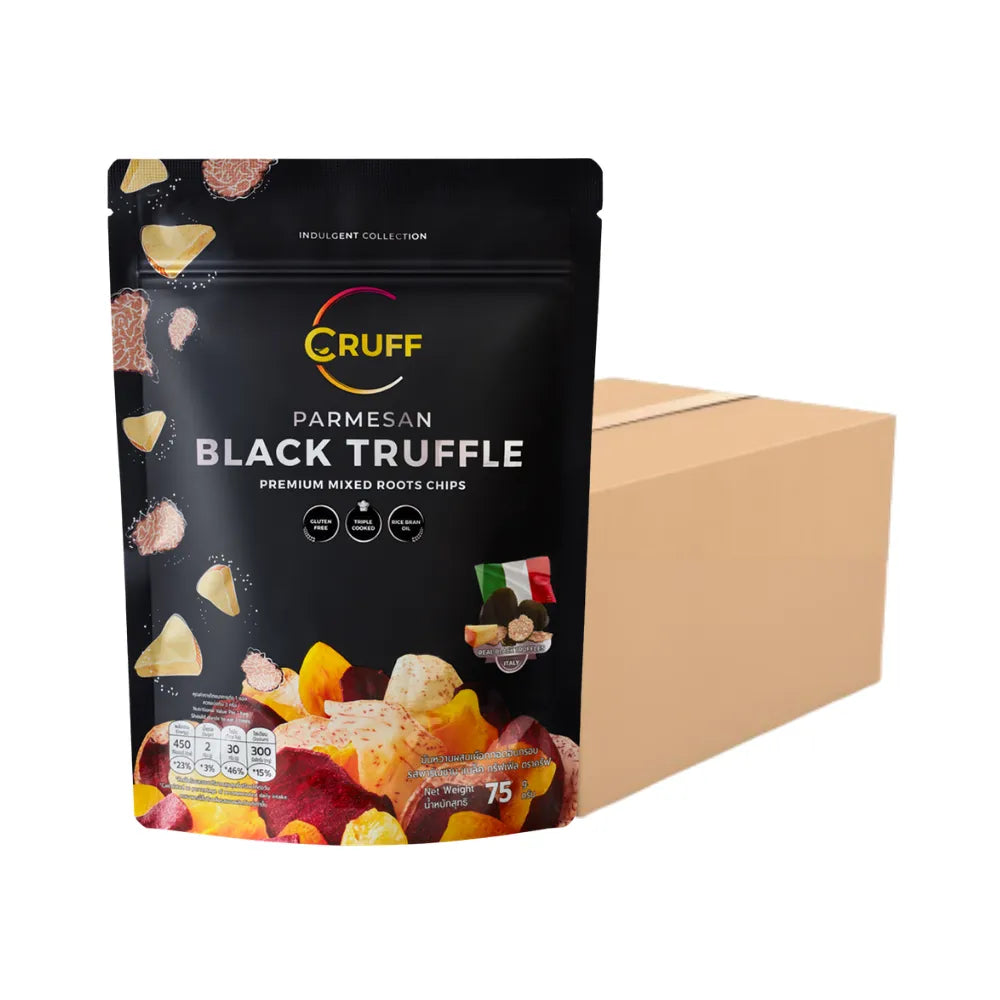Cruff multi-colored fried crispy potatoes snack with parmesan and black truffle flavor, showcasing vibrant snack pieces.