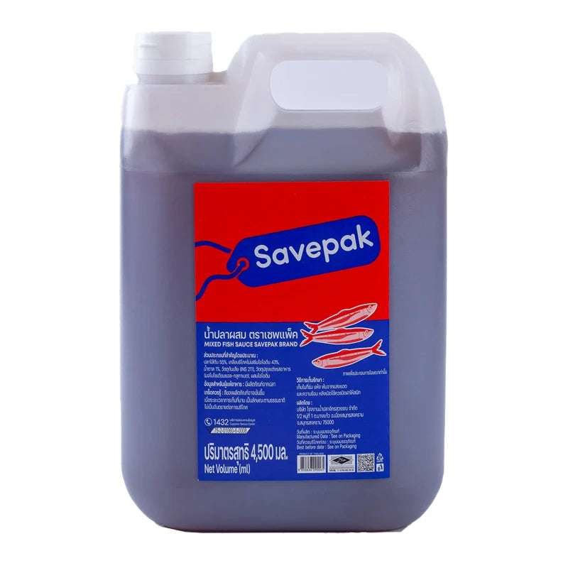 Savepak Mixed Fish Sauce 4.5L bottle, dry grocery product featuring a clear plastic container with a yellow screw cap.