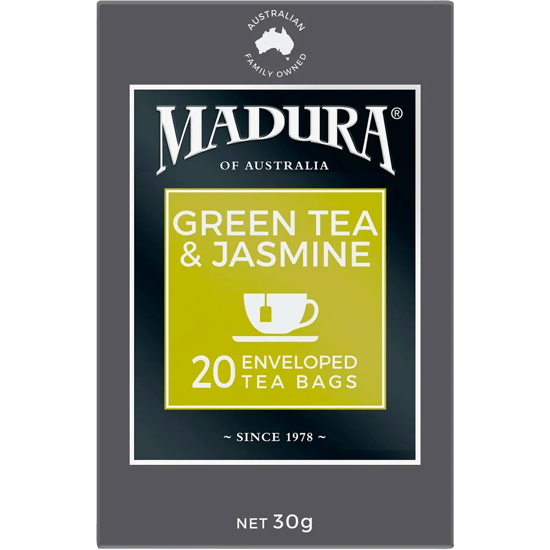 Madura Green Tea and Jasmine Tea bags in a box, ready for brewing, showcasing natural tea leaves and aromatic packaging.