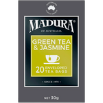 Madura Green Tea and Jasmine Tea bags in a box, ready for brewing, showcasing natural tea leaves and aromatic packaging.