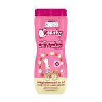 Peachy Cereal Puff Snacks mixed with strawberries, dry grocery snack with colorful puffed cereal and berry pieces.