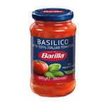 Barilla Basilico Pasta Sauce 400g jar with label and fresh basil illustration, ideal for Italian pasta dishes.