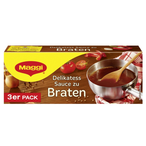 Maggi Delikatess Sosse f��r Braten, savory brown gravy sauce in a jar, ideal for enhancing roasted meat dishes.