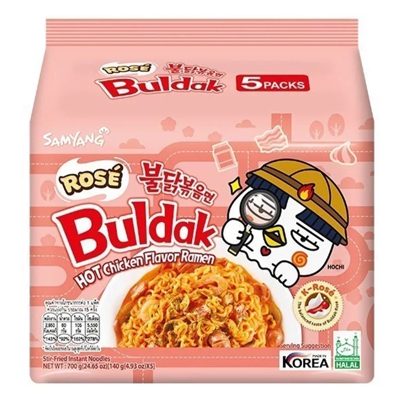 Samyang Buldak Rose Ramen 140g dry grocery package with spicy ramen noodles and pink-colored sauce in a sealed bag.