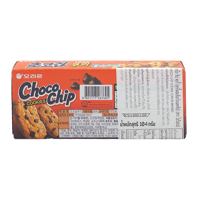 Orion Choco Chip Cookie 104g, dry grocery snack with chocolate chips, crispy texture, ideal for quick treats or snack time.