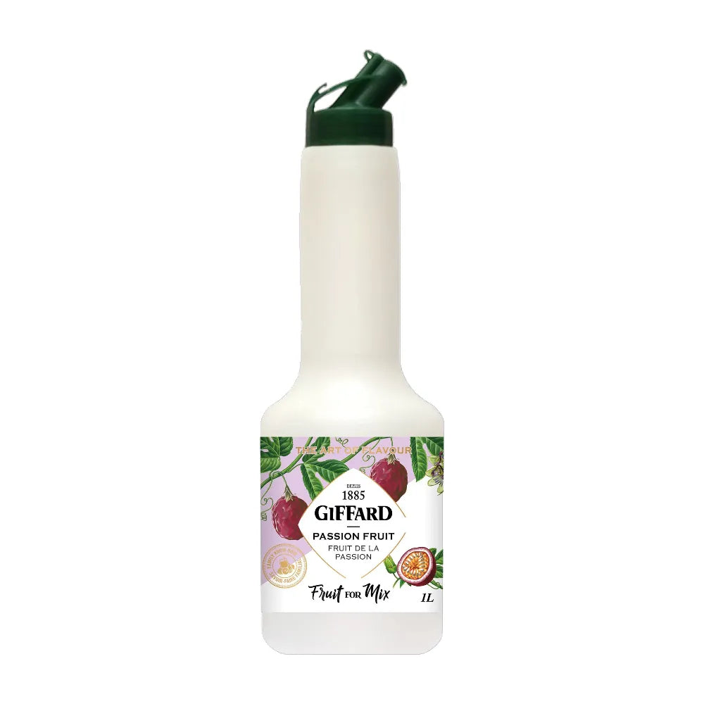 Giffard Fruit Mix Passion 1L bottle, a dry grocery passion fruit flavor syrup with vibrant label and clear plastic bottle