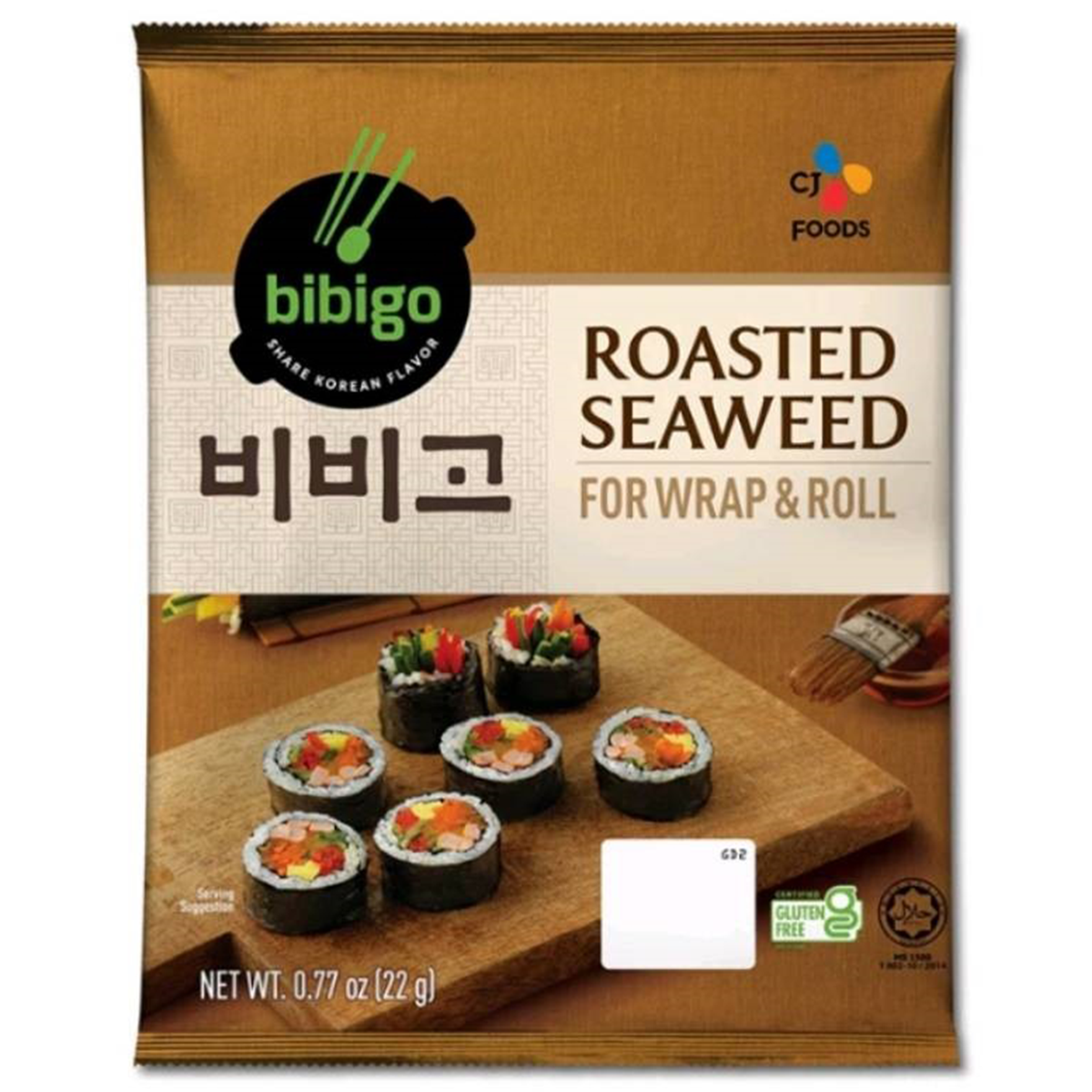 Cj Bibigo roasted seaweed snack in a package, crispy and seasoned, ideal for healthy confectionery snacking.