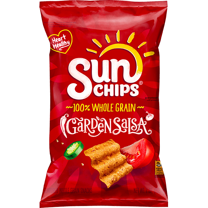 Sun Chips Salsa Onion snack chips in a colorful bag, showcasing the flavorful Sun Chips Confectionery Snacks with salsa and onion flavor.