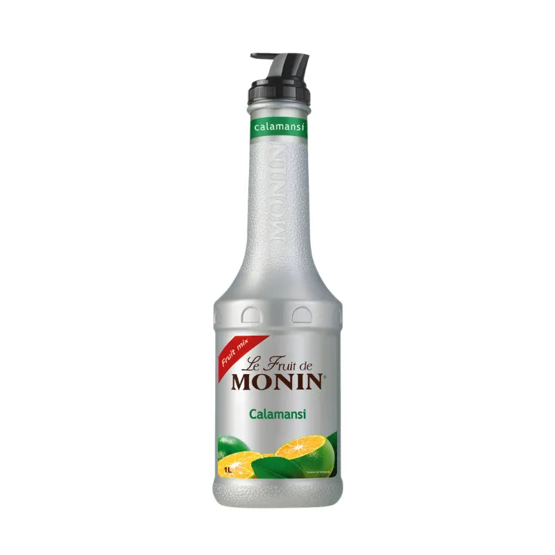Monin Calamansi Fruitmix 1000ml bottle for dry grocery, featuring a bright label and clear glass container with calamansi fruit mix.