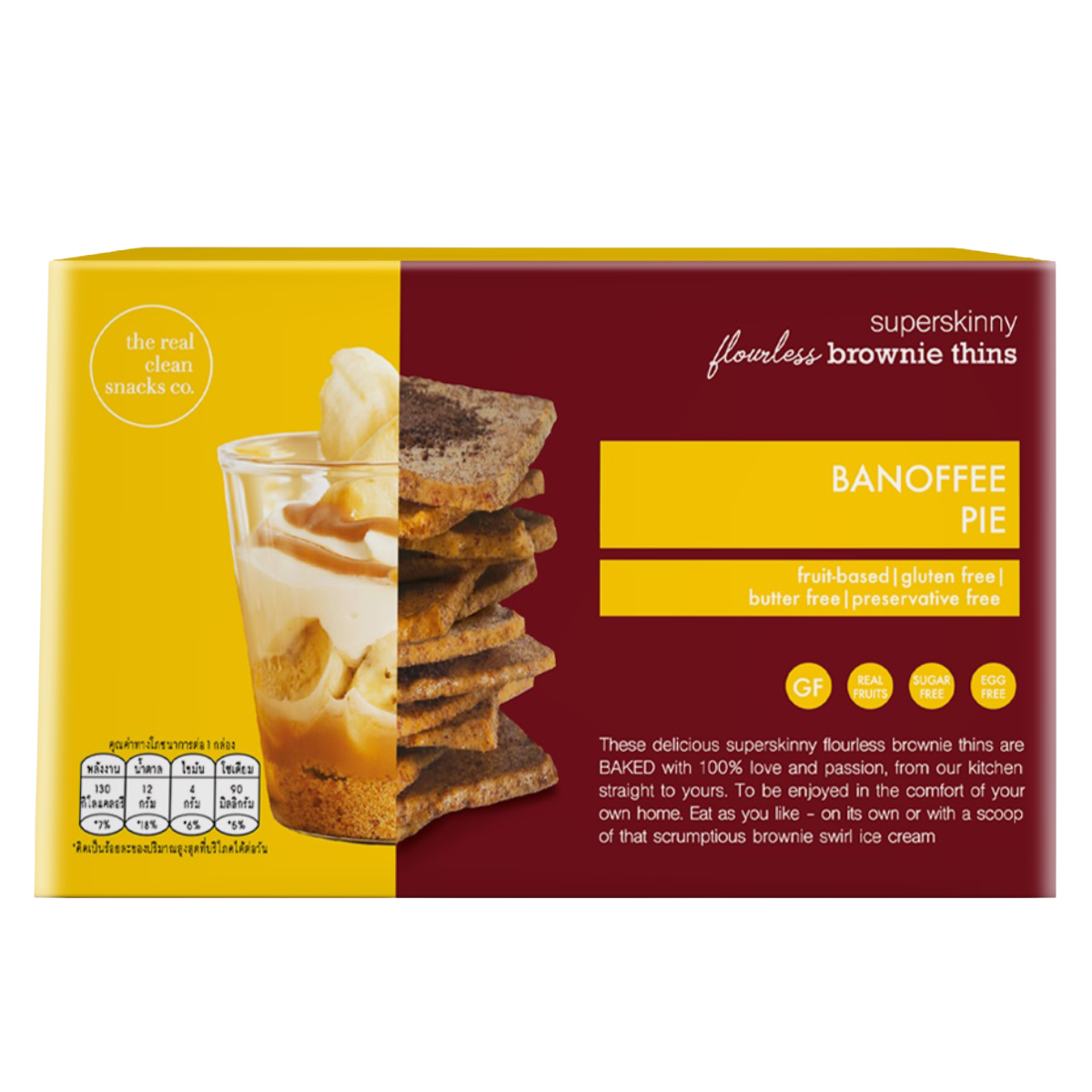 The Real Clean Snacks Co Brownie Thins Banoffee Pie, confectionery snack with thin, crispy brownie slices topped with banana and caramel flavor.