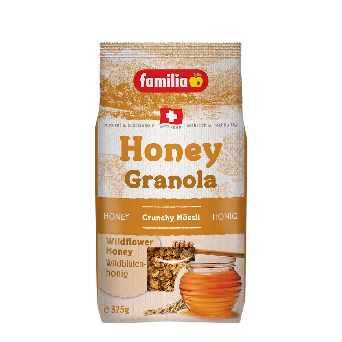 Familia Honey Granola in a clear bowl, showing golden, crunchy oats and honey clusters, perfect for breakfast or snacking.