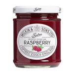 Tiptree Raspberry Reduced 200g jar of raspberry jam in a glass jar with a red lid, showcasing fresh raspberries on the label.