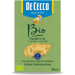 De Cecco Fusili Bio#34 organic pasta, uncooked, showing spiral-shaped fusilli in a clear view of the product packaging.