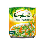 Canned Bonduelle French Mixed Vegetables in 400g can, showing colorful mixed vegetable contents on the label.