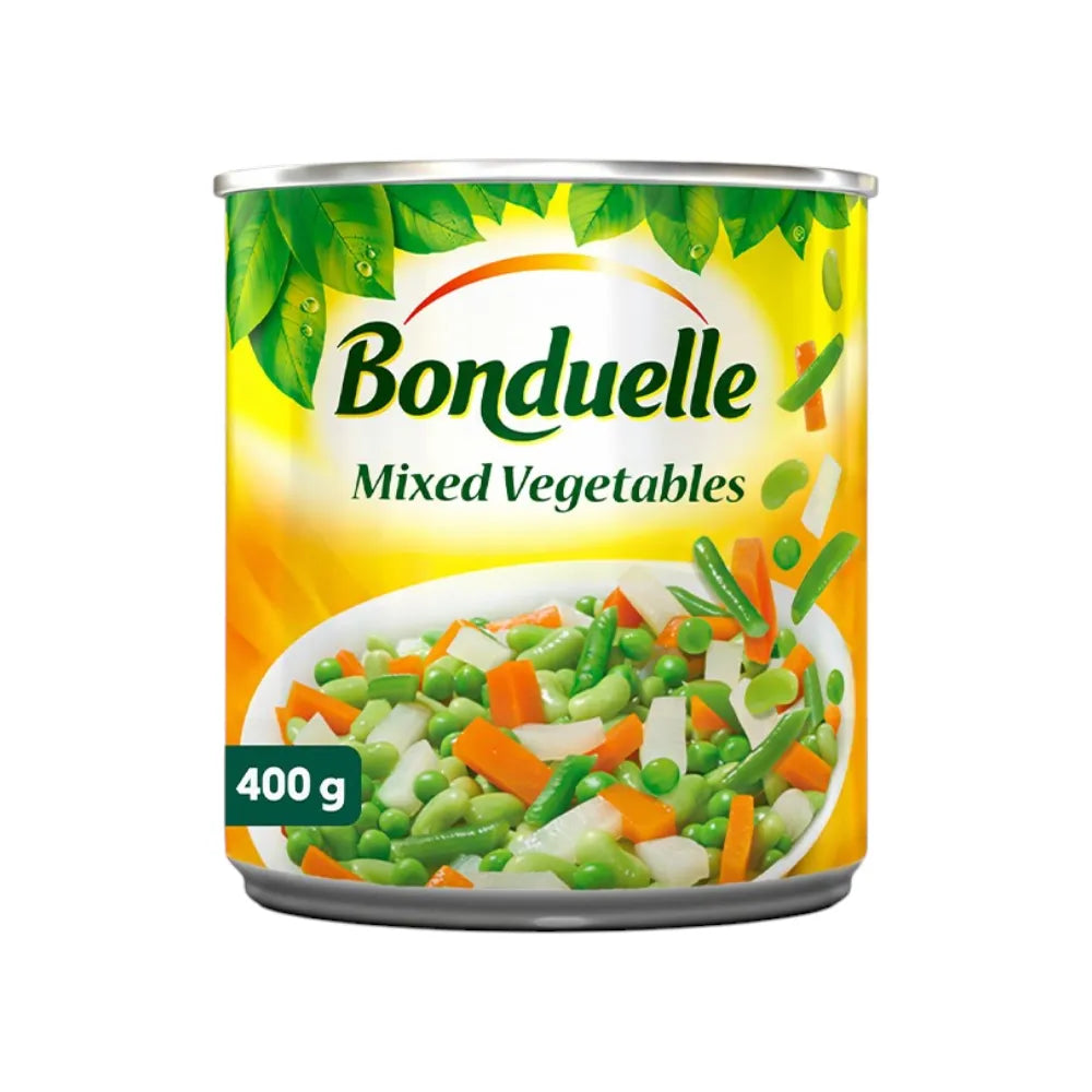 Canned Bonduelle French Mixed Vegetables in 400g can, showing colorful mixed vegetable contents on the label.