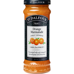 Jar of St. Dalfour Thick Cut Orange Spread with slices of orange visible, showcasing the fruit-filled grocery product.