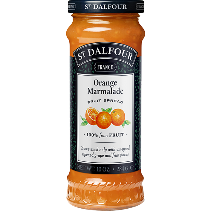Jar of St. Dalfour Thick Cut Orange Spread with slices of orange visible, showcasing the fruit-filled grocery product.