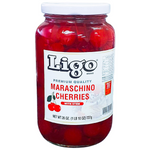 Ligo Maraschino cherries with stems in a clear glass jar, showcasing bright red cherries with green stems on a white background.