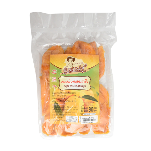 Dehydrated mango snack by Khunmaeju, showing bright orange slices with textured surface, perfect for sweet, chewy confectionery.