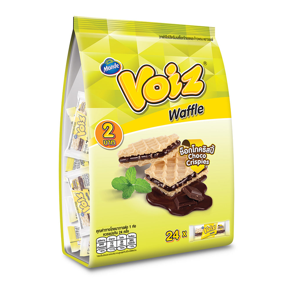 Voiz Waffle Choco Crispies Family Pack, chocolate-filled confectionery snacks with crispy waffle texture, shown in a colorful box.