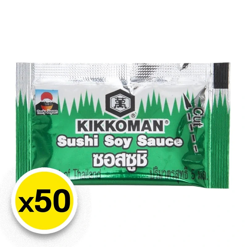 Kikkoman Sushi Sauce 5ml packet, dry grocery item with soy sauce flavor, branded Kikkoman, shown in the image.