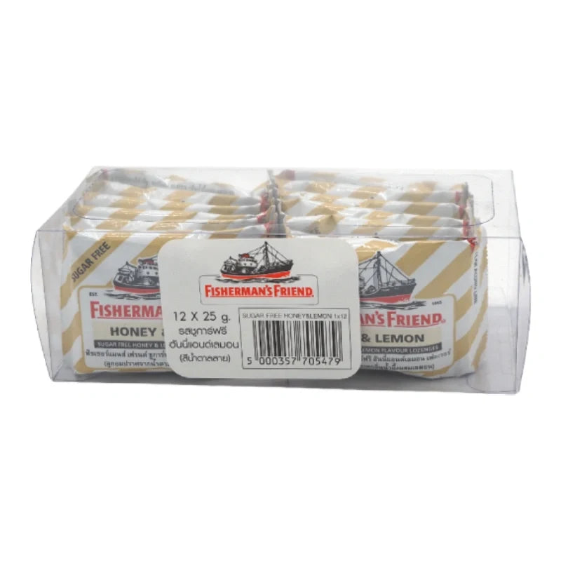 Fisherman's Friend Honey Lemon Lozenges, 12-pack, dry grocery snack with honey and lemon flavor, by Fisherman's Friend.