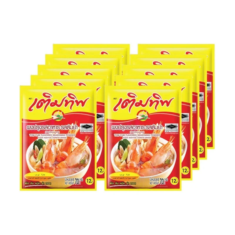 Termtip Tom Yum flavored seasoning powder, 70g, in a pack of 10, dry grocery product with vibrant packaging.
