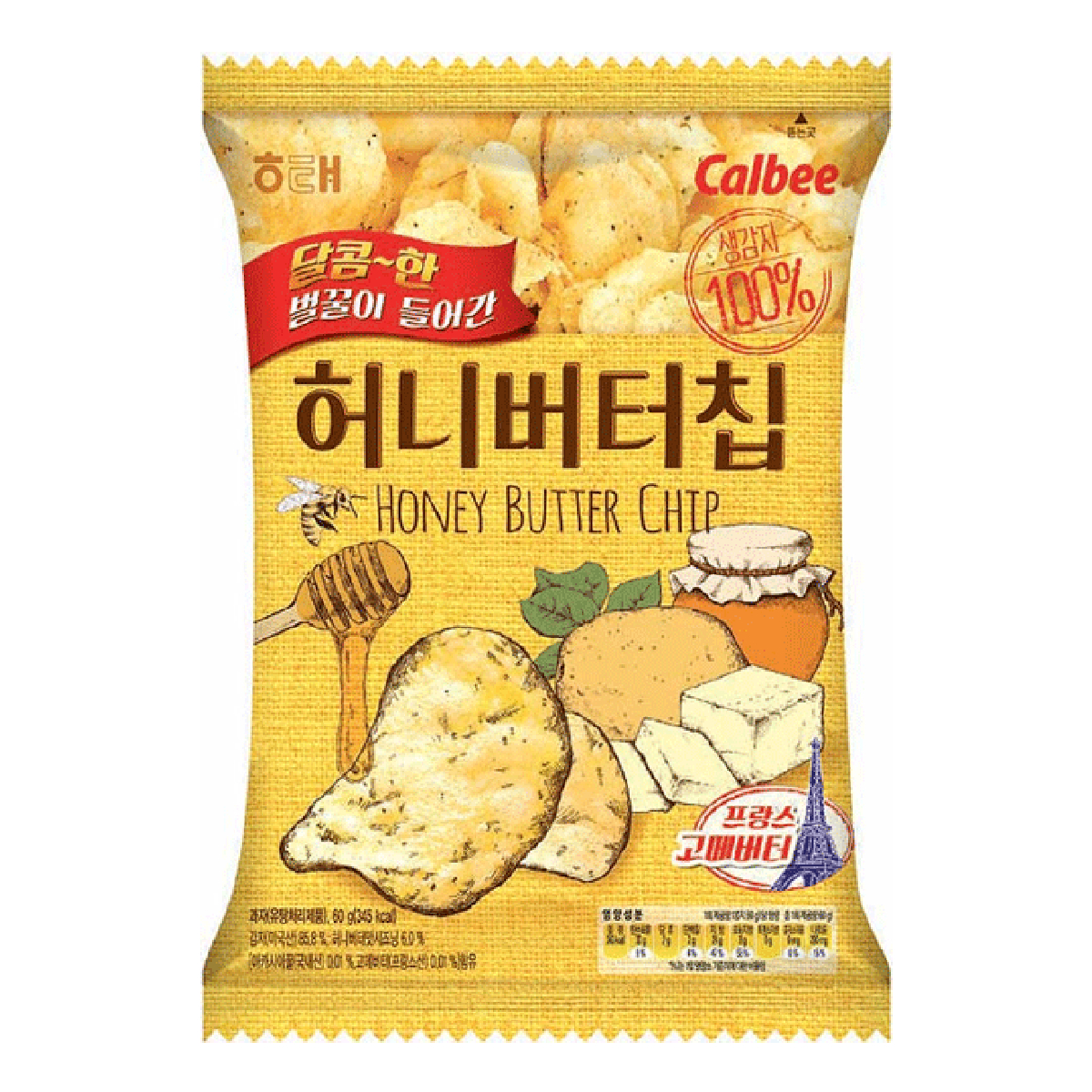 Haitai Honey Butter Chip pack of confectionery snacks with honey butter flavor, featuring colorful packaging and crispy chip images.