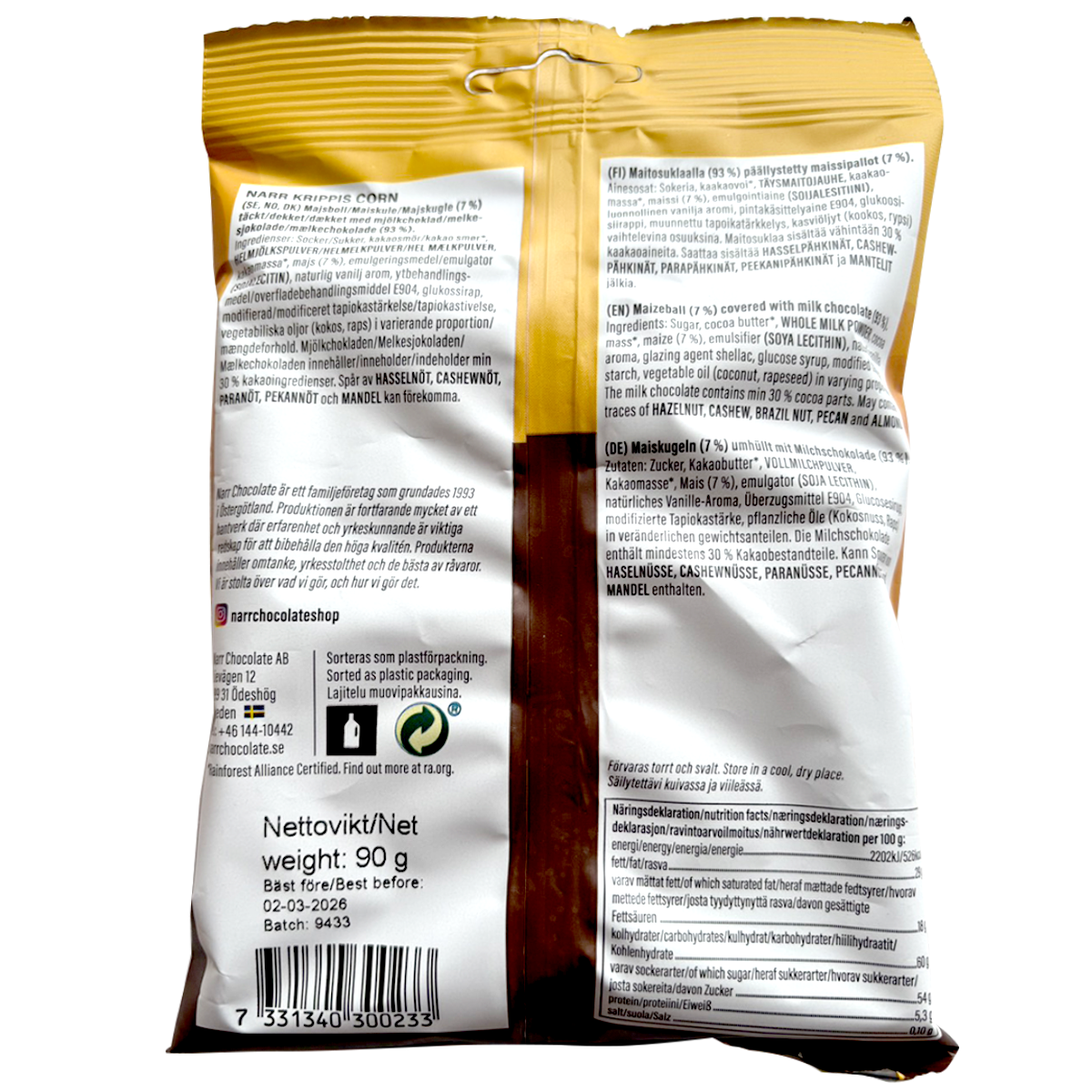 Narr Krippis Corn confectionery snacks in colorful packaging, crispy corn snack with a sweet, crunchy texture.