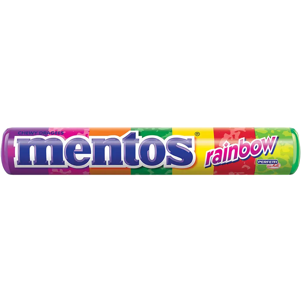 Colorful Mentos Rainbow confectionery snacks in a clear bag with assorted rainbow-colored candies.