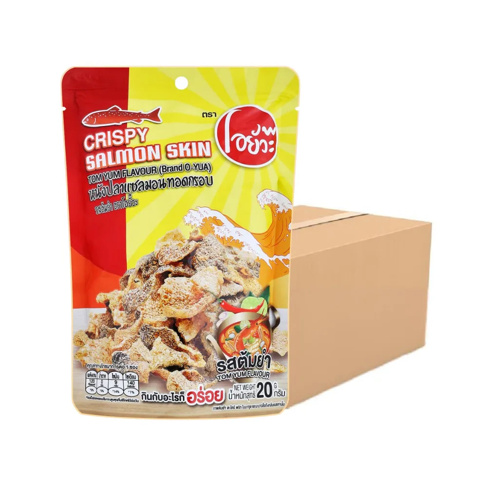 O-YUA Crispy Salmon Skin snack in Tom Yum Kung flavor, bulk 20g, showing crispy salmon skin pieces with spicy seasoning.