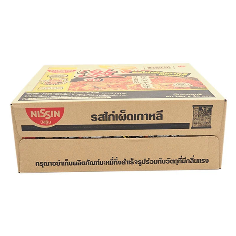 NISSIN Premium Bag Korean Hot Chili Chicken dry grocery snack, 60g x 30 packs, featuring spicy Korean-style chicken flavor.