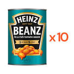 Cans of Heinz Baked Beans in Tomato Sauce, gluten-free, 415g each, displayed in a pack of ten for dry grocery shopping.