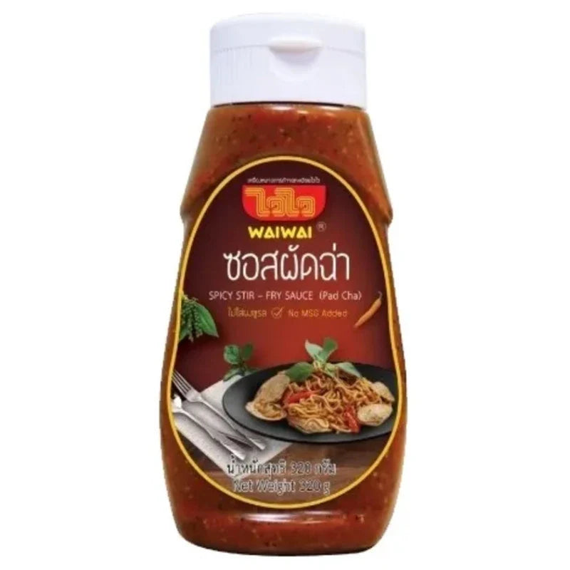 WAIWAI Stir-Fry Sauce 320g bottle, dry grocery product with label showing ingredients and brand logo.
