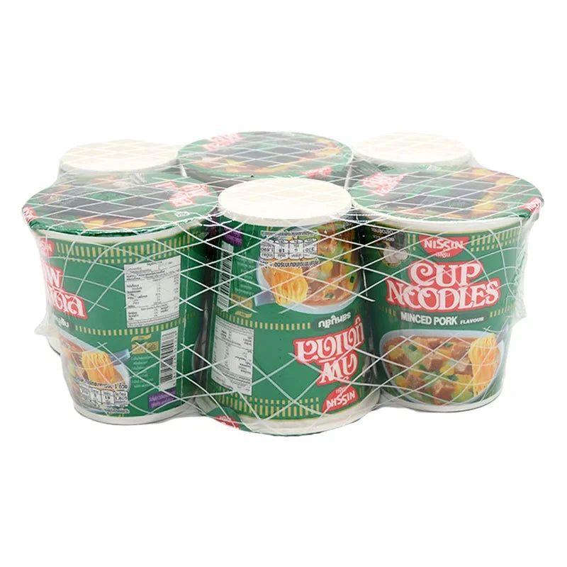 NISSIN Cup Instant Noodle Minced Pork Flavor 77g, dry grocery product with noodles and seasoning in a cup.