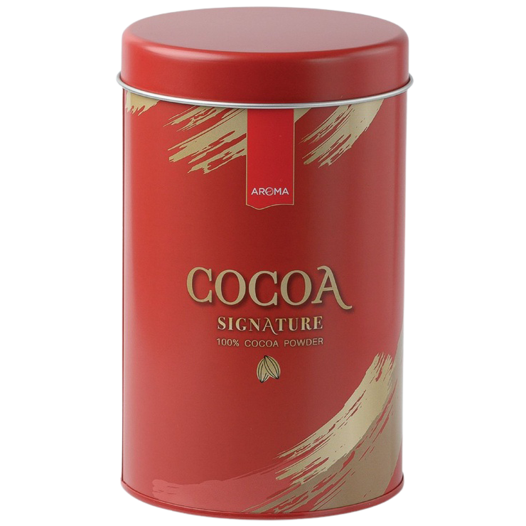 Aroma Cocoa Powder Signature for drinks, featuring a close-up of the rich, smooth cocoa powder in a jar.