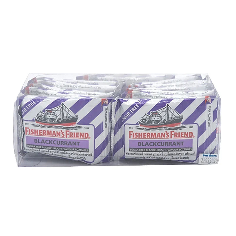 Fisherman's Friend sugar-free lozenges with blackcurrant flavor, shown in a clear package, suitable for dry grocery and snacks.
