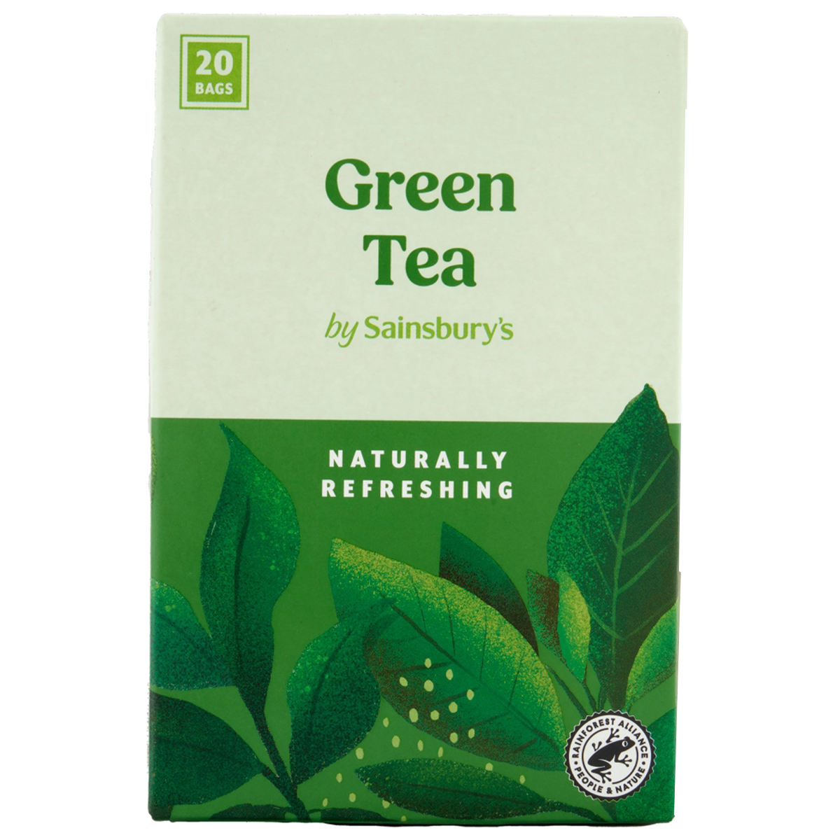 Sainsbury's green tea in a box with 20 tea bags, shown with green tea leaves and packaging.