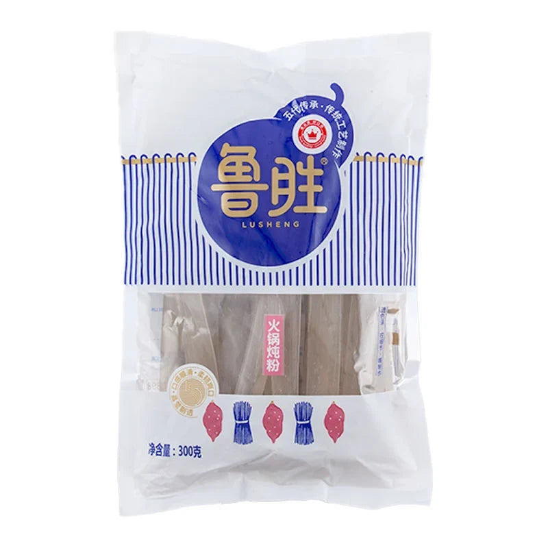 Lusheng Potato Noodle Large 300g package, dry grocery product with uncooked potato noodles in clear packaging.