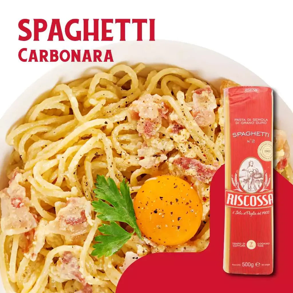Dry spaghetti pasta from Ricossa Riscossa brand, showcasing long, uncooked Italian spaghetti noodles on a neutral background.