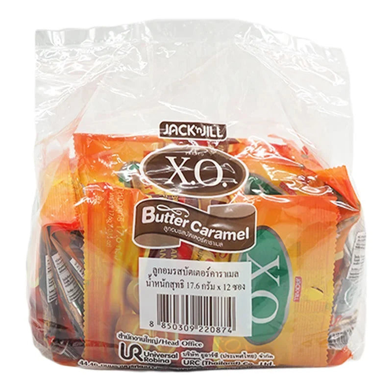 X.O. Butter Caramel Candy pack with 12 individual 17.6g candies, showcasing golden caramel confections in a clear wrapper.