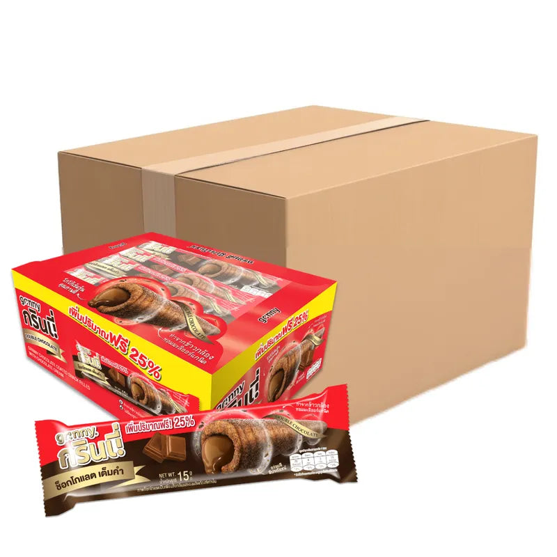 GRINNY chocolate-coated cream-filled snack, 15g, displayed in a pack of 12, ideal for dry grocery snack lovers.