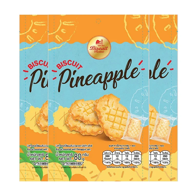 Assorted Biscuit House dry snacks with pineapple jam, 80g x3, featuring colorful biscuits and pineapple-filled treats in a clear package.