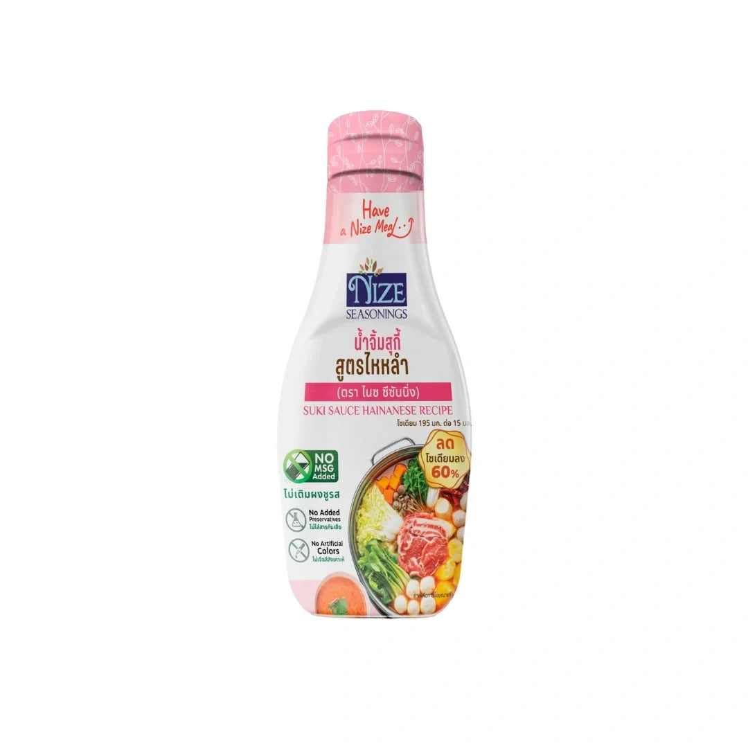 NIZE Nize Clean Sukiyaki Sauce Hainanese Formula dry grocery product in a glass jar, with label and sauce visible.