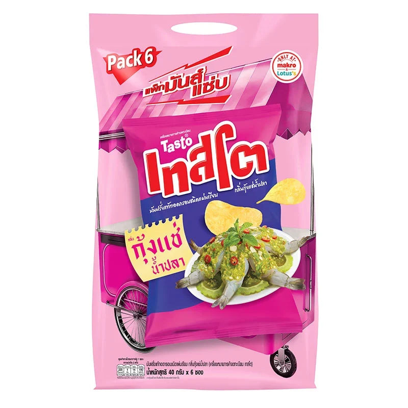Tasto Potato Chip Shrimp in Fish Sauce 40g snack pack, crispy shrimp flavored chips in fish sauce packaging, six packs shown.