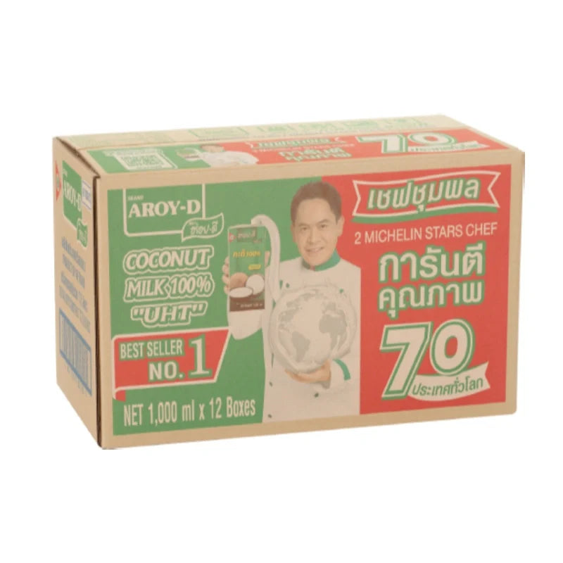 Aroy-D 100% coconut milk in 1L cartons, stacked in a pack of 12, perfect for cooking and recipes