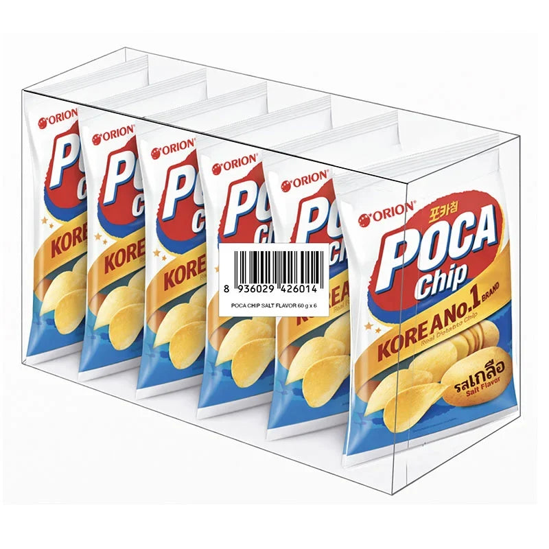 Orion Poca Chips Salt Flavor 60g snack bags, crispy potato chips in colorful packaging, displayed in a row.