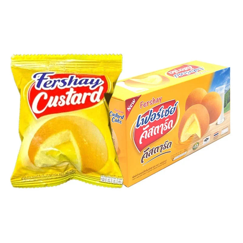 Fershay Custard Cake 17g dry grocery packet with colorful packaging, showcasing the Fershay brand and custard-flavored cake snack.